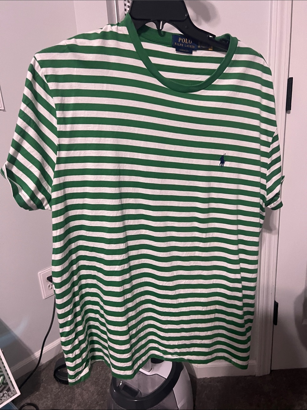 Polo by Ralph Lauren Green and White Striped Crewneck Tee with Navy Pony